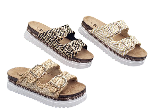 [459-7559L] Sandalia Doble Hebilla Tejida- Estilo Boho Chic