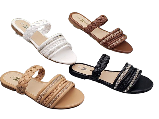 [137-7143L] Sandalias Planas Doble Tira Trenzada con Brillos- Estilo Chic